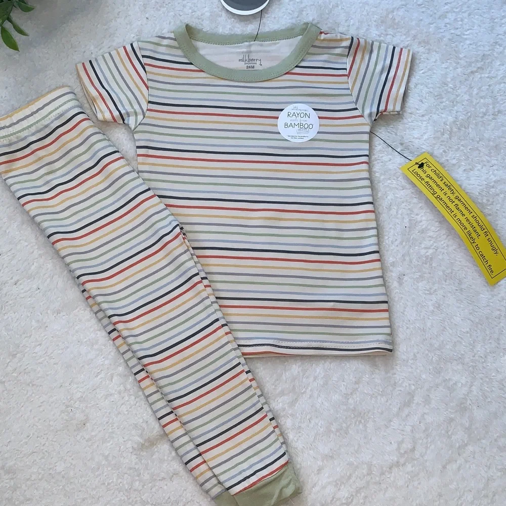 NWT Milkberry Neutral Striped Pajama Loungewear Set 24M